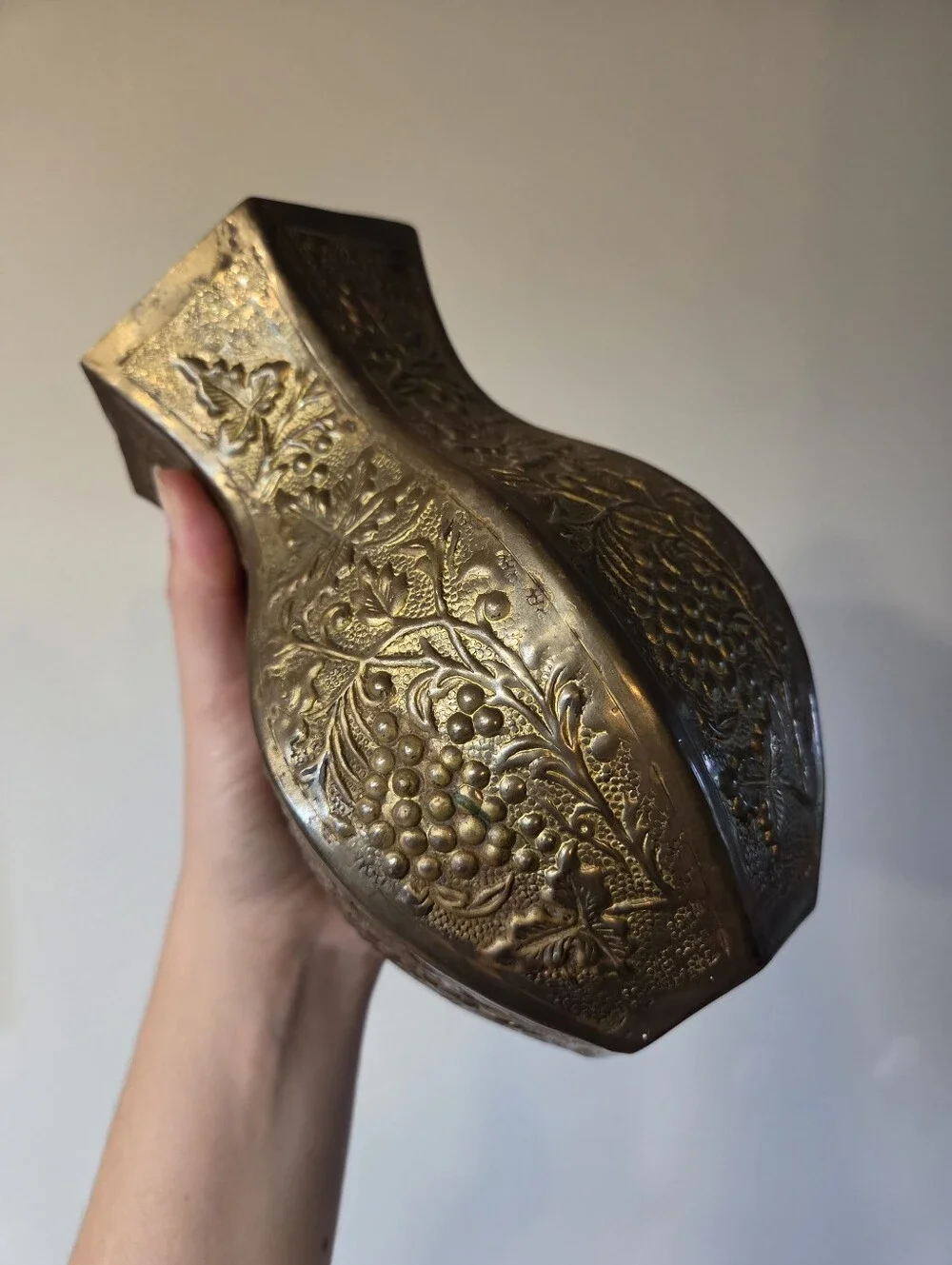 Vintage Etched Brass Vase Hexagon Shape Grapevine Embossed Heavy Metal Home Deco